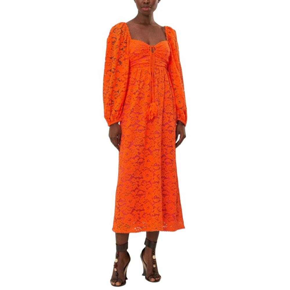 Farm Rio Womens Orange Lace Long Sleeve Midi Dress